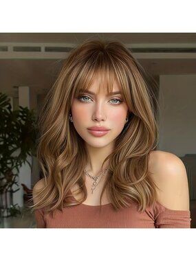 Women Brown Blonde Parting Layered Hairstyle Curly Synthetic Heat Resistant Wigs